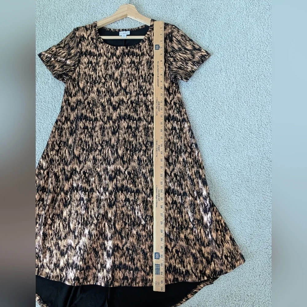 LuLaRoe XS Carly High-Lo Swing Dress -Black w/Rose Gold Foil Scribble Overlay - Picture 7 of 7